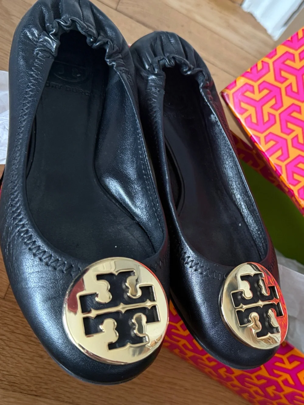 Tory Burch Black Leather Logo Cap-Toe Ballet Flats with Gold Emblem